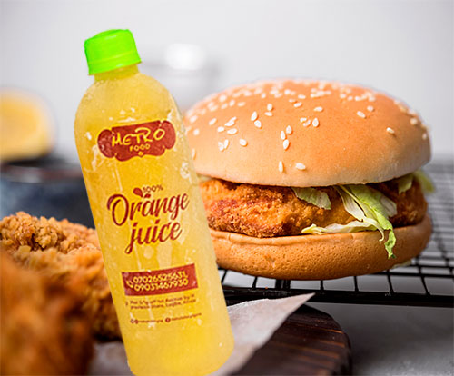 Burger, Chicken & Fresh Orange or Tigernut Juice